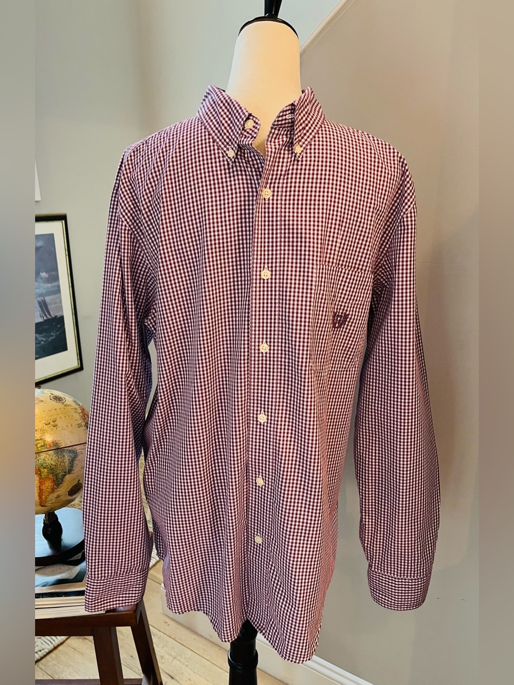 CHAPS Shirt Gingham Button‑Down Blue Inner-Collar Preppy Chest Pocket Logo Style